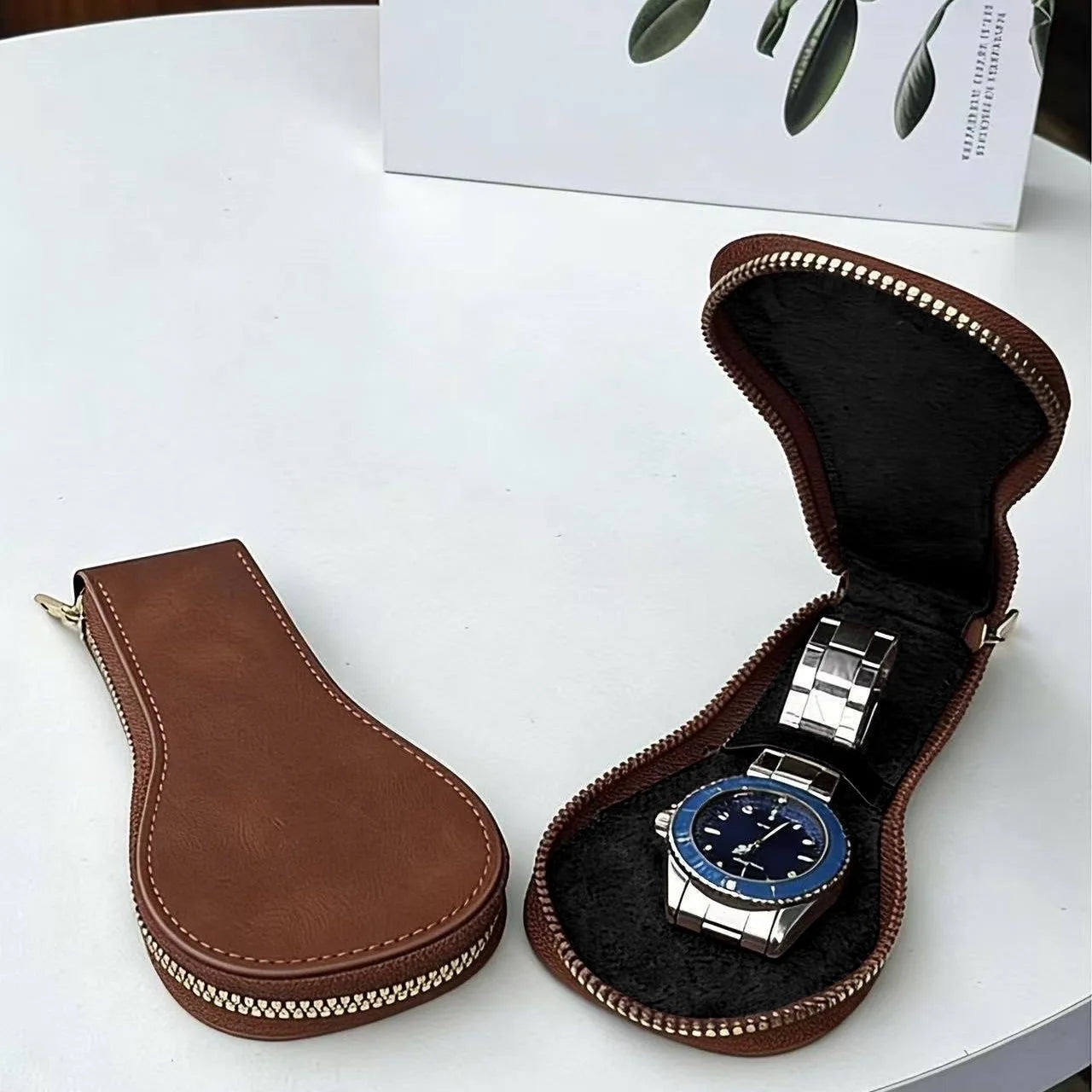 Portable retro leather display watch storage box travel strap zipper watch box dustproof and scratch resistant jewelry watch box Peaceful Pleasures Health and Wellness Brown