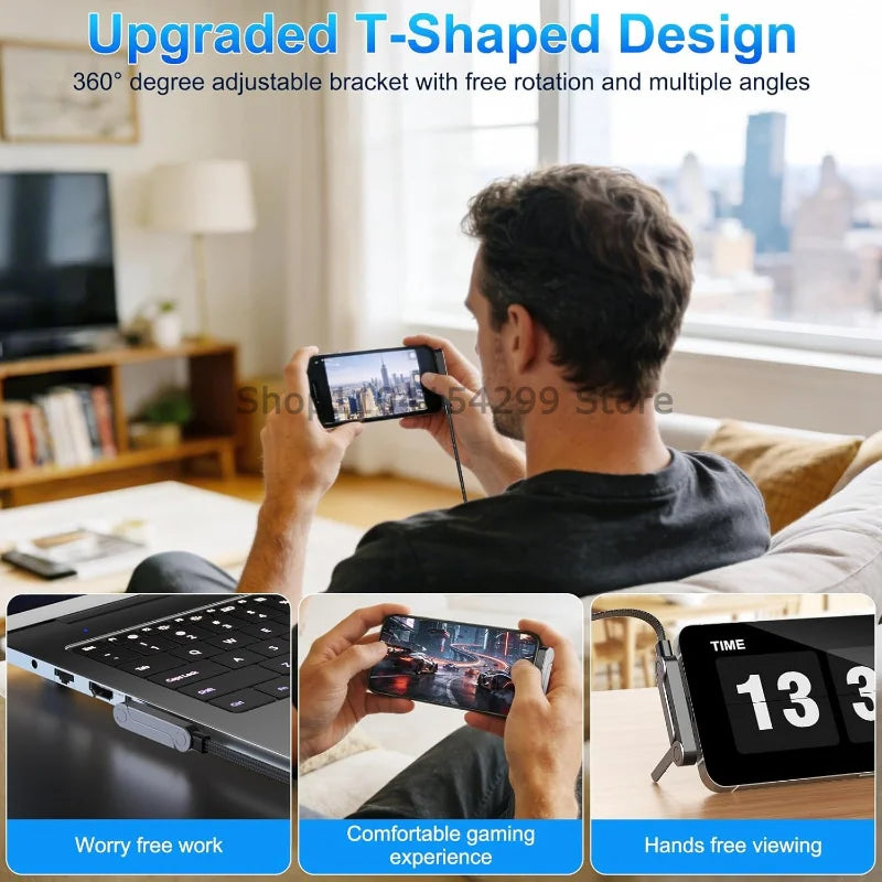 240W USB-C Flat Cable with Foldable Phone Stand & Desk Holder