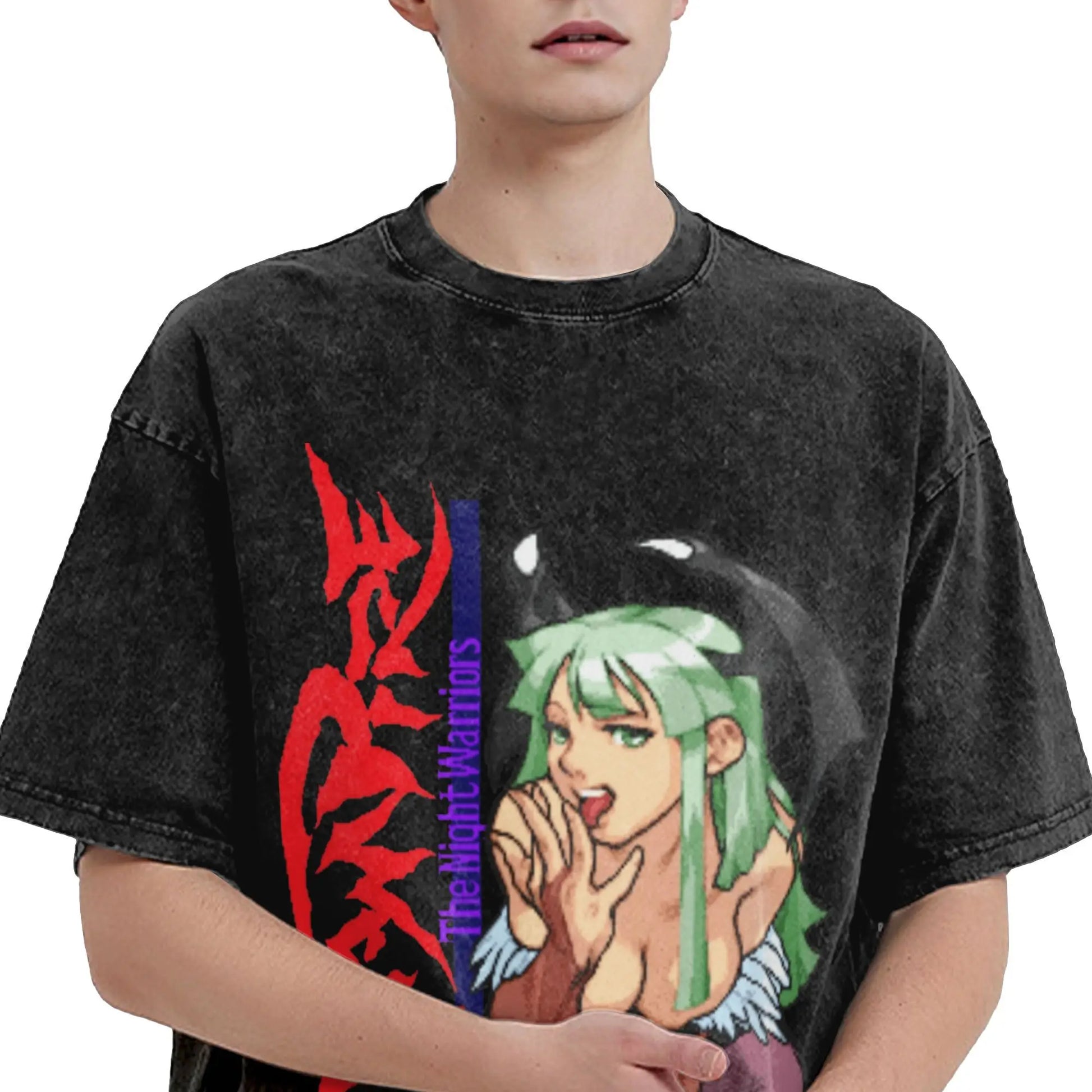Darkstalkers Men's T Shirt Washed Morrigan Fashion Tee Shirt Short Sleeve Round Collar T-Shirts Cotton Gift Idea Tops Peaceful Pleasures Health and Wellness
