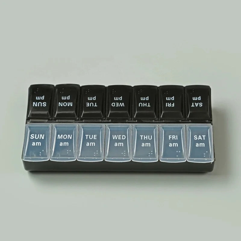 7 Days a Week Pill Organizer Morning & Night Pill Holder Travel Medicine Storage Box Splitter for Easy Medicine Management Peaceful Pleasures Health and Wellness black