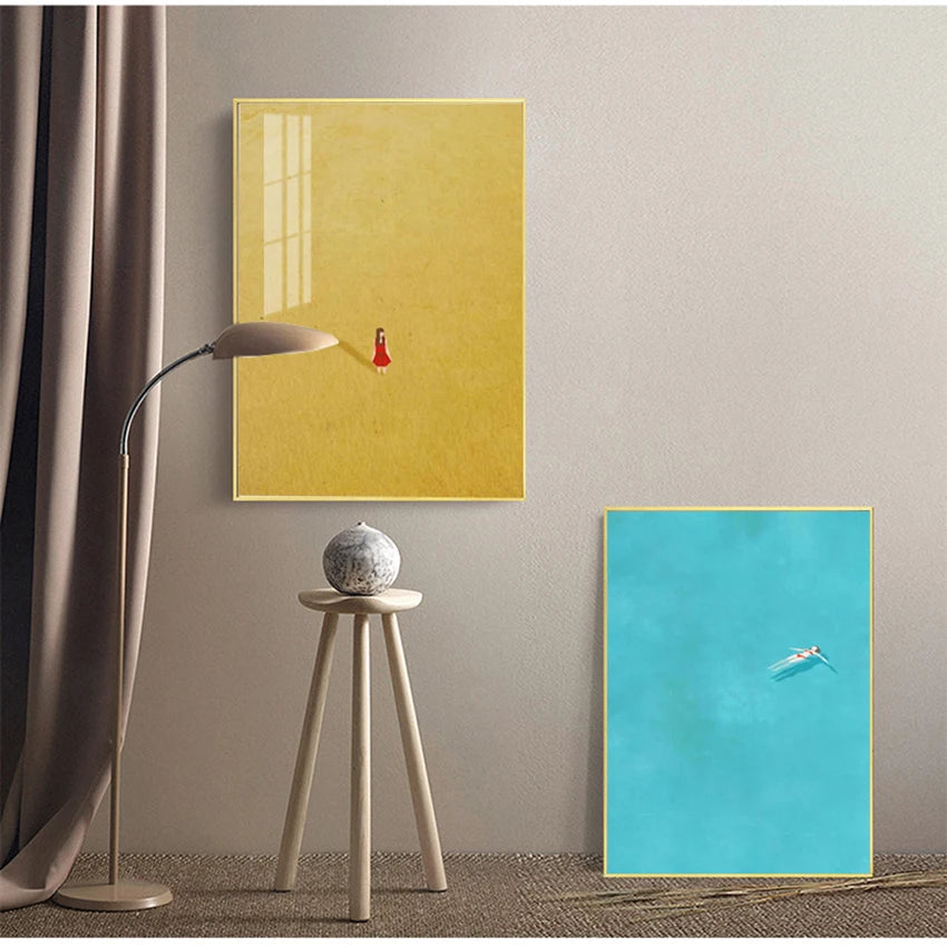 Cartoon Girl Swim Canvas Wall Art | Nordic Kids Room Poster