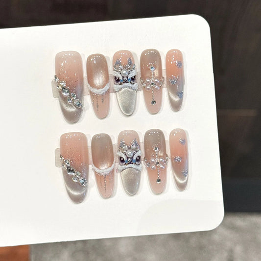 3D Lion Pearl Press On Nails | Cat's Eye Almond False Nails Press On Nail Set Peaceful Pleasures Health and Wellness