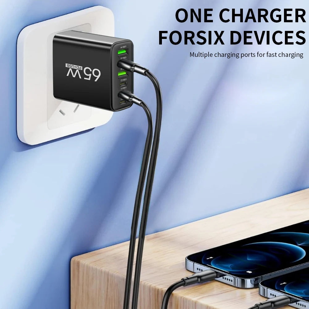 65W 6-Port USB-C Fast Wall Charger | iPhone Samsung Xiaomi