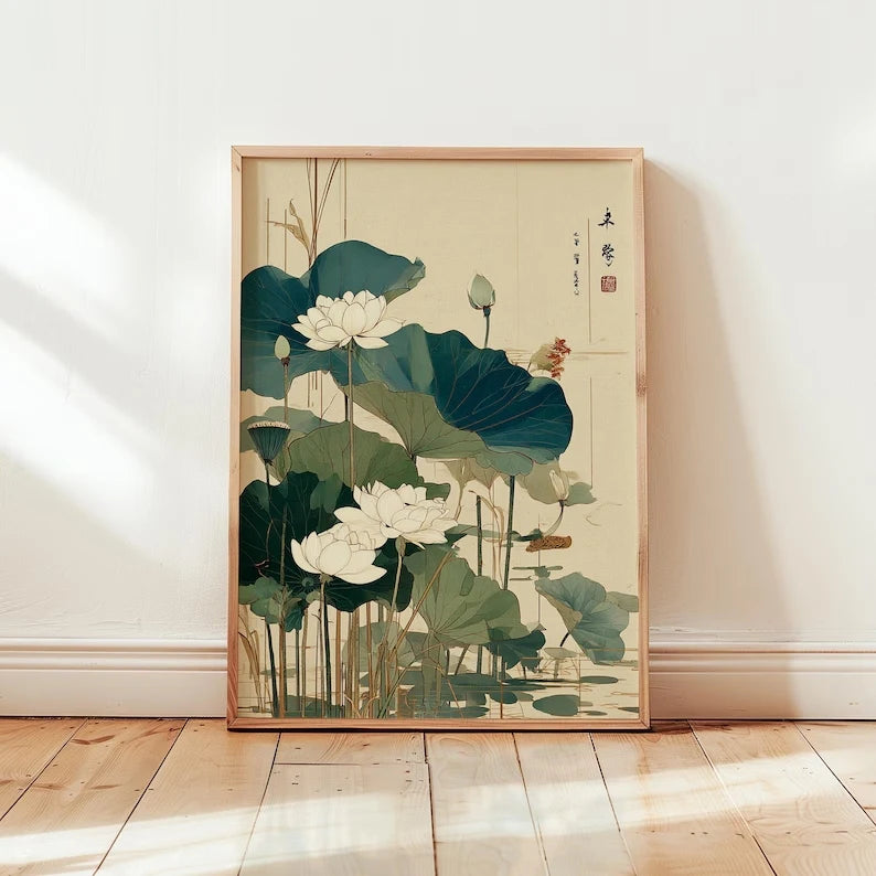 Retro Japanese Lotus Flower Canvas Wall Art Print | Home Decor