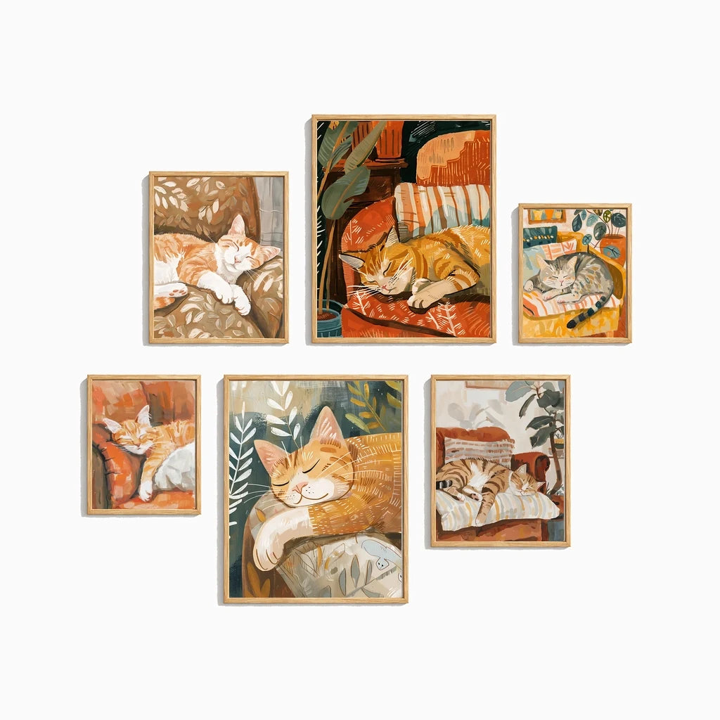 Nordic Wall Art Cute Cat Sleeping Gouache Vintage Canvas Painting Nordic Style Poster Prints Bedroom Living Room Wall Decor Peaceful Pleasures Health and Wellness