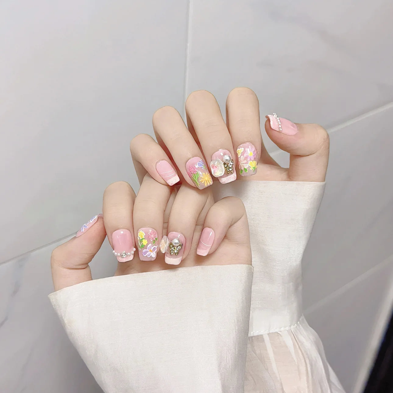 Handmade Press on Nails Short Pink French Fake Nail Tips for Women Girl Wearable Detachable Sweet Summer Flowers False Nails Peaceful Pleasures Health and Wellness