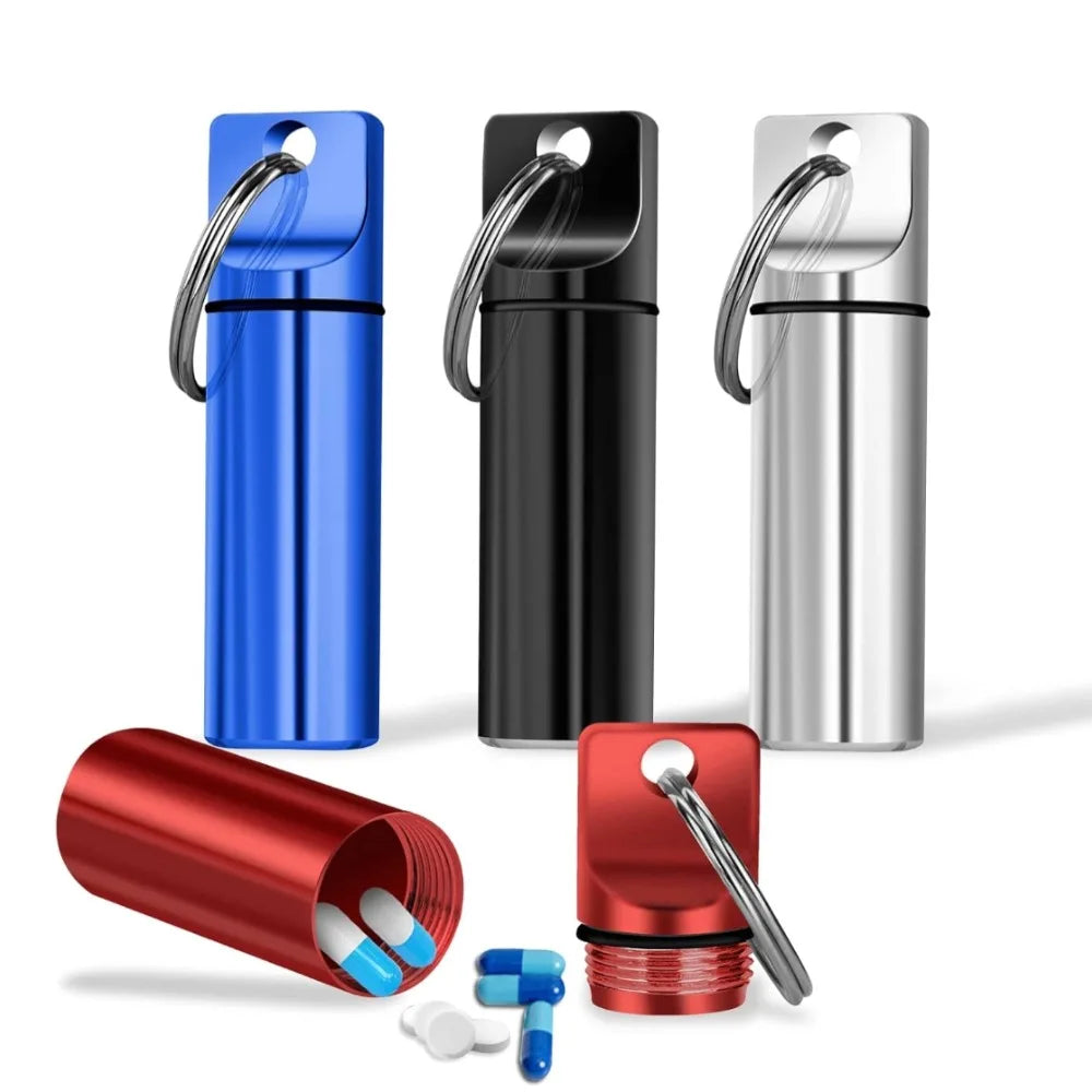 New Portable Waterproof Aluminium Metal Key Ring Pill Box Case Container Organizer Capsule Airtight Tablet for On The Go Storage Peaceful Pleasures Health and Wellness