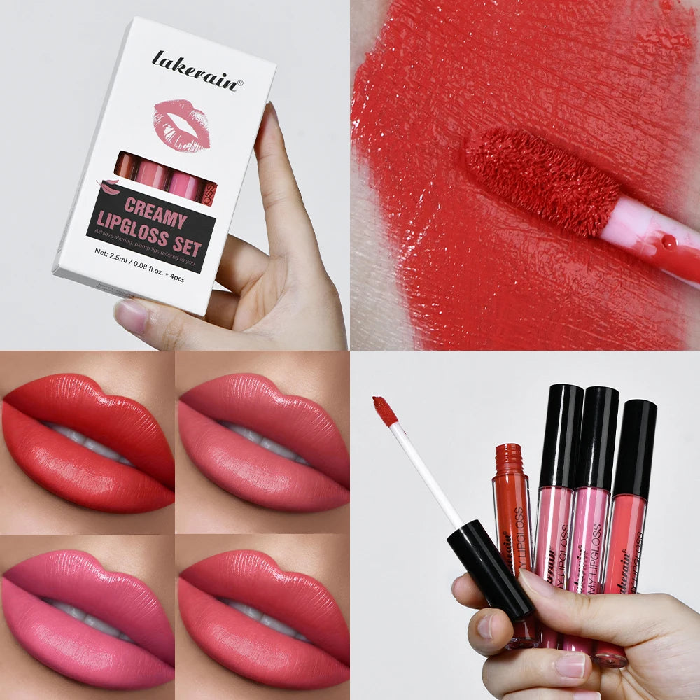 4pcs Creamy Lip Gloss Cream Matte Long-Lasting Non-Stick Cup Not Fade Waterproof Pigmented Velvet Lipgloss Gift For Girlfriend Peaceful Pleasures Health and Wellness