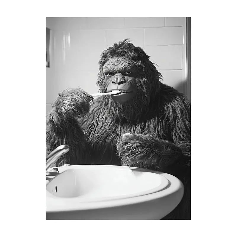Funny Bathroom Animal Canvas Wall Art | Vintage Brushing Teeth