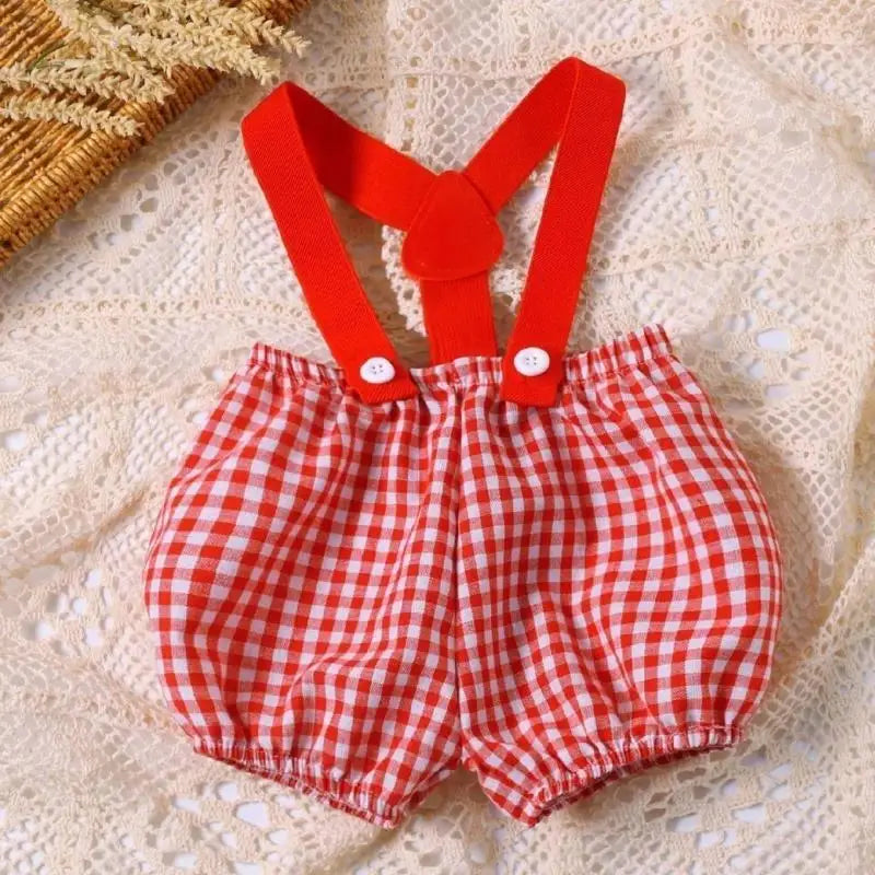 Newborn Photography Outfit 3-Piece Set – Checkered Overall & Hat