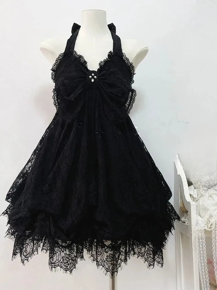 French Style Sweet Cute Polka Dot Splicing Dress Lace Bow Korean Fashion Dresses New Design Slim Waist Lady Y2k Mini Dress Peaceful Pleasures Health and Wellness 3901 black dress S
