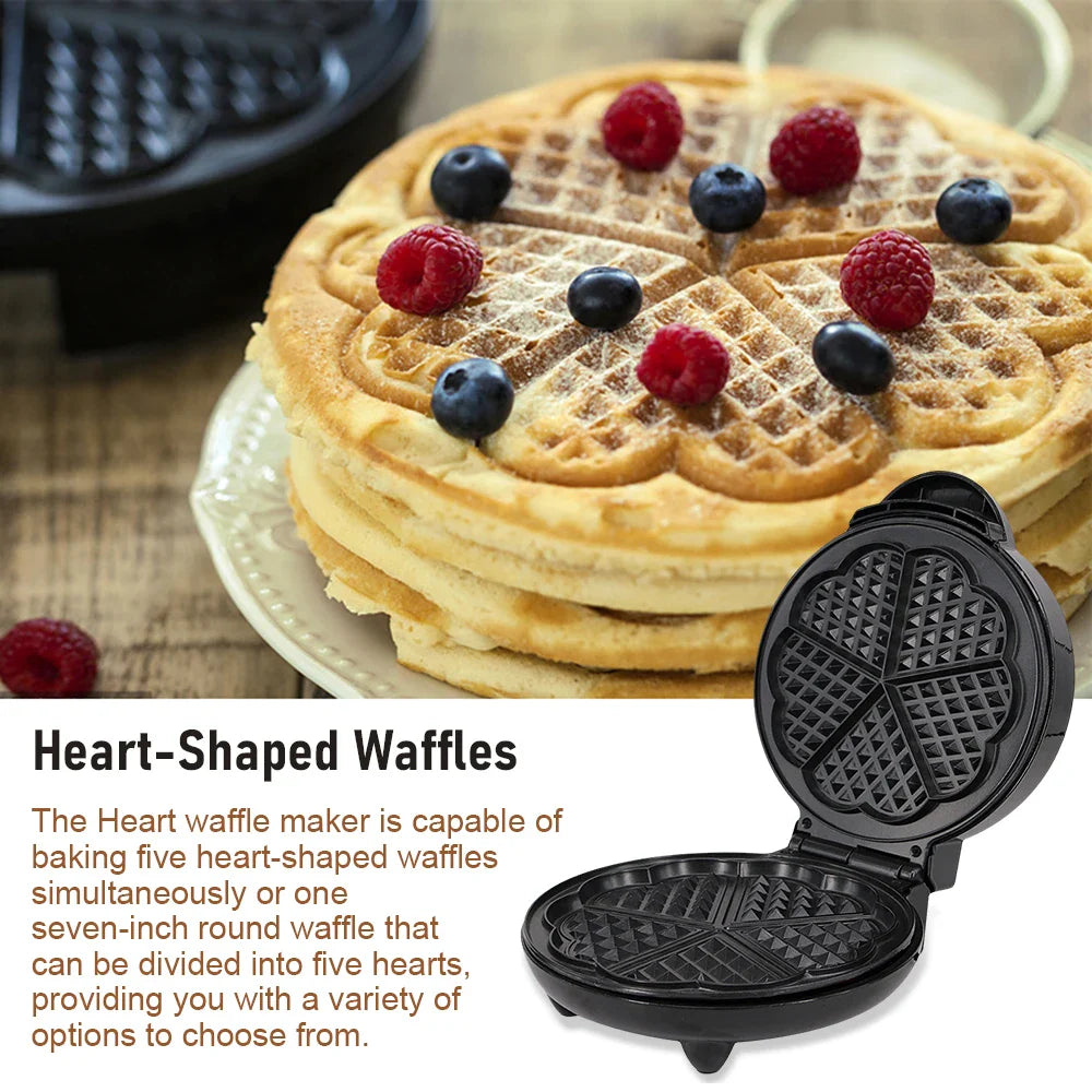 Heart-Shaped Waffle Maker | 5 Waffles, Non-Stick, 1000W