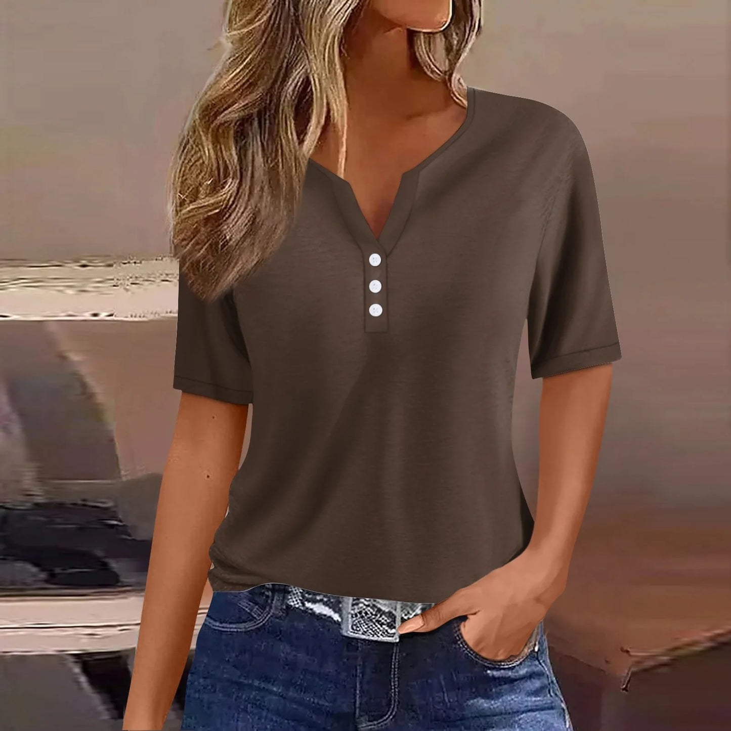 Women Summer Trendy Simple Casual Fashion Button T Shirt V Neck Short Sleeve Solid Loose Pullover Tops Plus Size Ropa De Mujer Peaceful Pleasures Health and Wellness