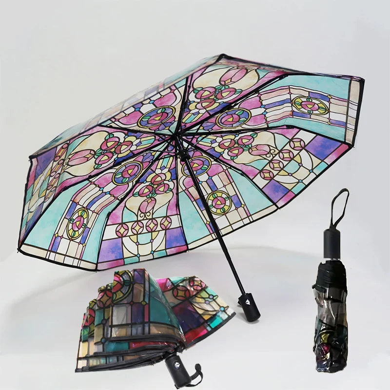 Stained Glass Transparent Folding Umbrella – Sun & Rain Use