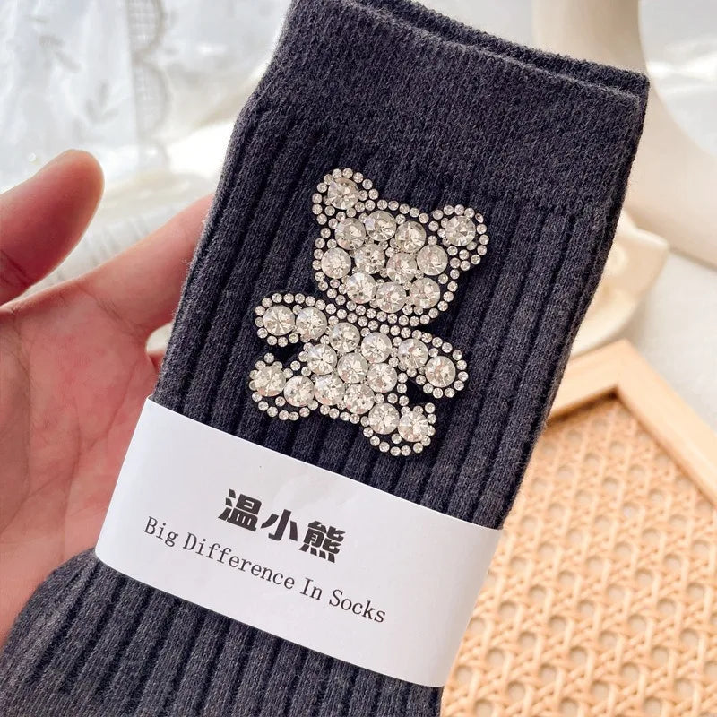 Diamond Cartoon Bear Decorative Socks, Fashionable Diamond Sparkling Women's Socks, Comfortable And Breathable Christmas Socks Peaceful Pleasures Health and Wellness Dark Grey One Size