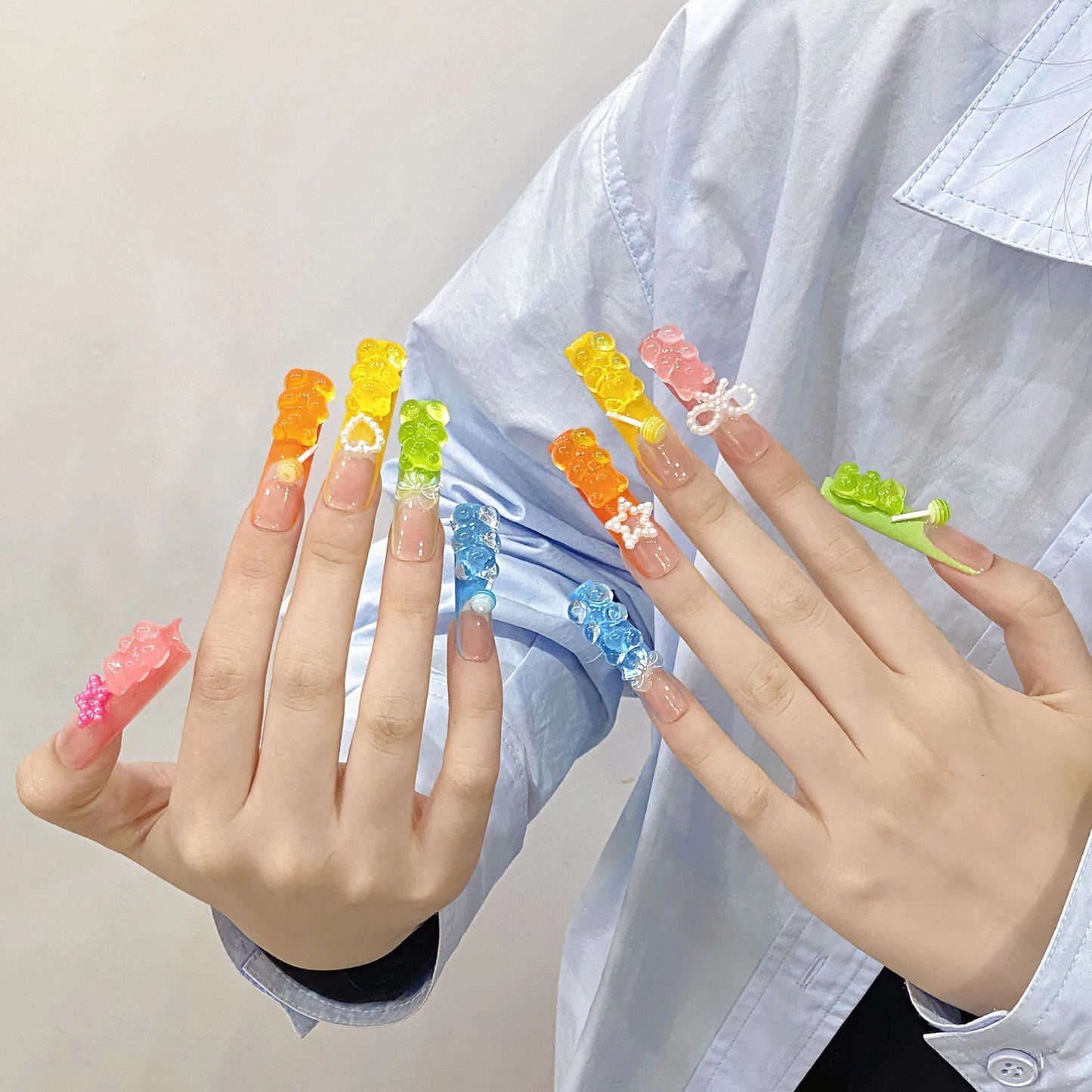 Handmade Press on Nails Cute Candy Bear Bow Love Decor False Nails for Women Wearable Full Cover European Extra Long Fake Nails Peaceful Pleasures Health and Wellness