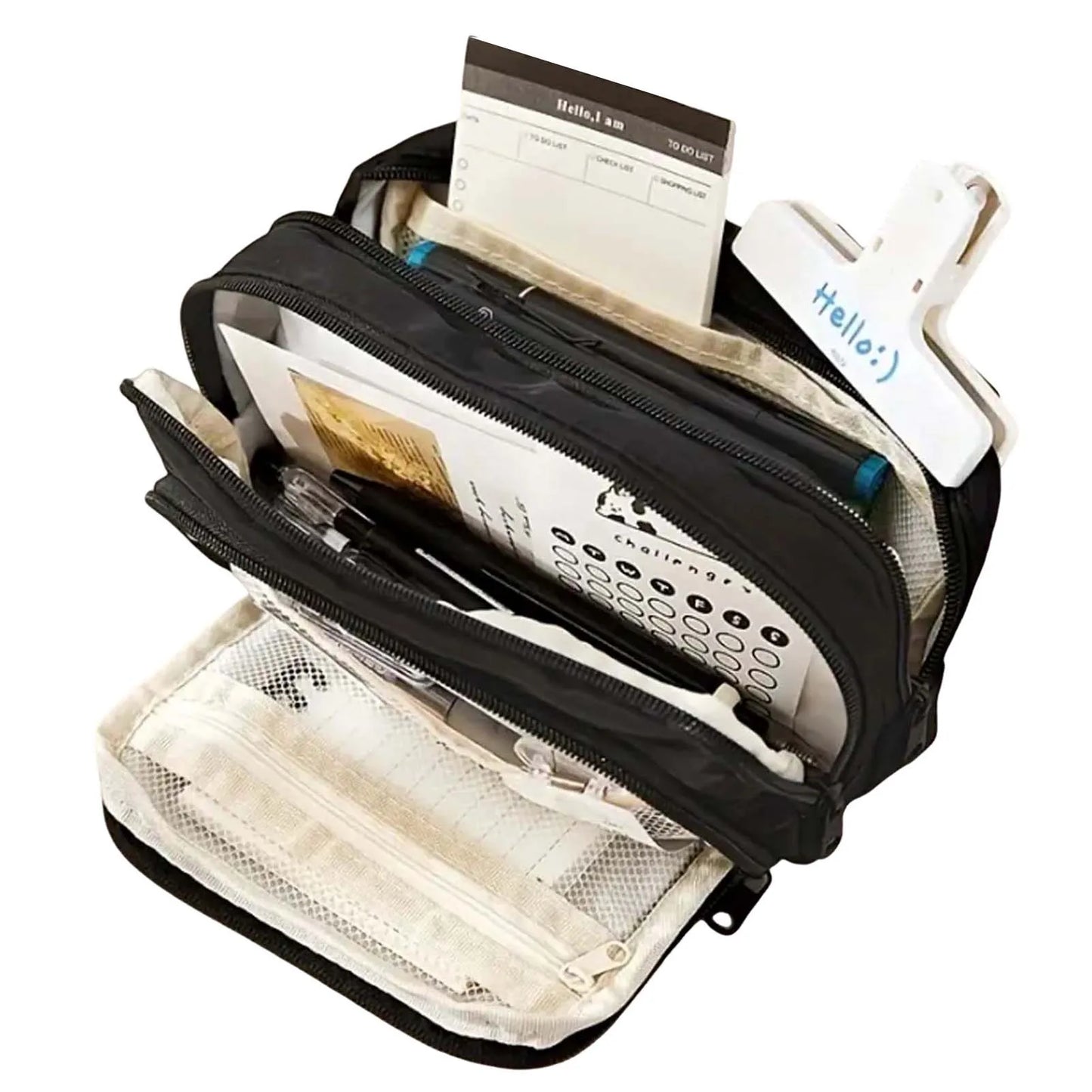 Portable Three-Layer Pencil Case Zipper Stationery Storage Bags with Zipper for School Student Teen Girl Boy Peaceful Pleasures Health and Wellness Black