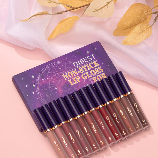 QIBEST 12pcs/set Constellations Liquid Lipstick Velvet Lipgloss Set Matte Waterproof Non-Stick Cup Lipstick Makeup Cosmetic Nude Peaceful Pleasures Health and Wellness