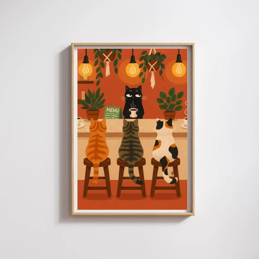 Whimsical Cat Cafe Illustration Poster, Retro Kitchen Wall Art With Tabby, Calico, And Black Barista Cats High Resolution Digita Peaceful Pleasures Health and Wellness TR261101 50x70cm Unframed