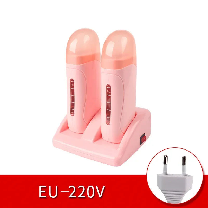 EU Plug Electric Double Wax Heater Epilator Cartridge Wax Roller Base Roll on Waxing Refillable Hair Removal Machine Depilatory Peaceful Pleasures Health and Wellness Pink