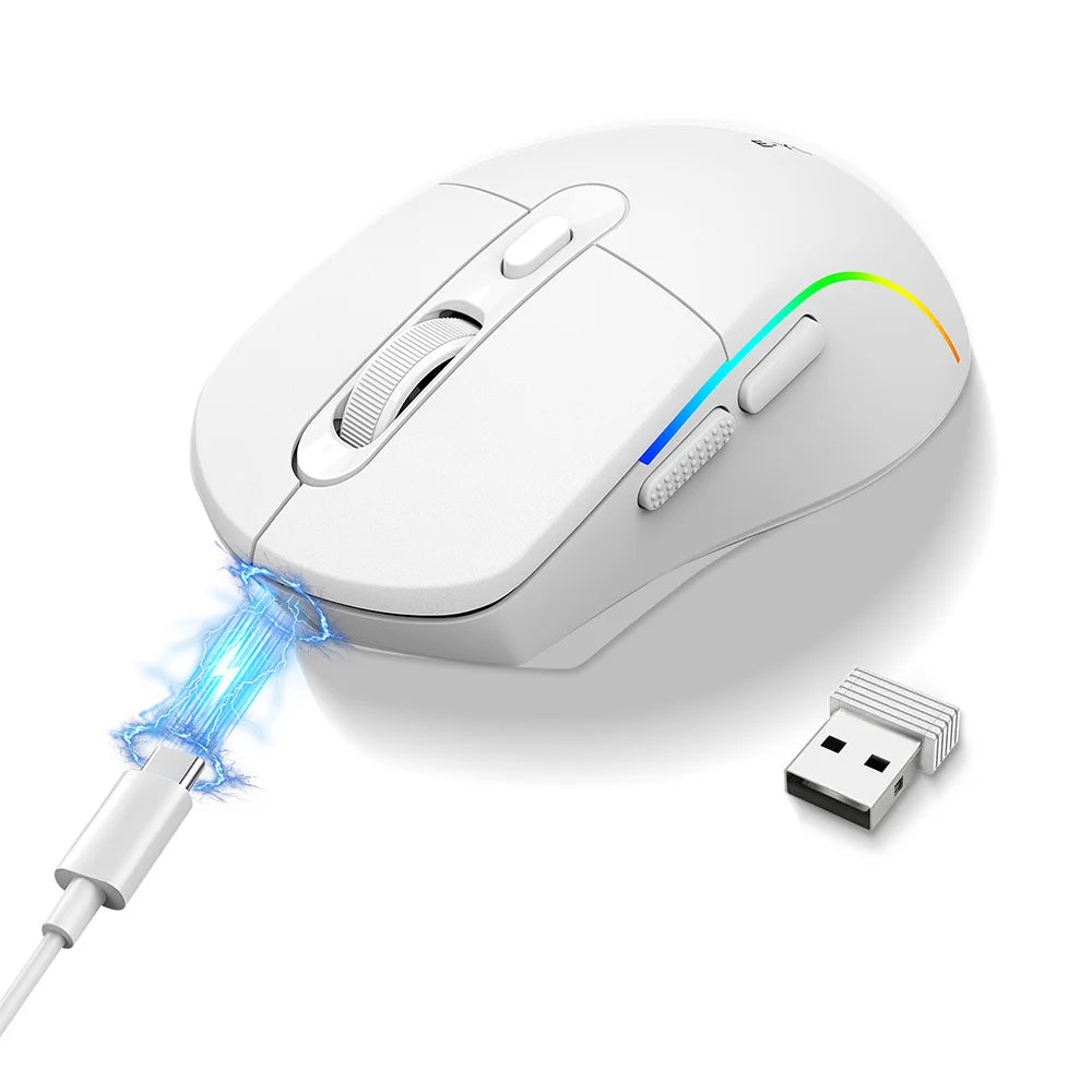 E-YOOSO Wired 2.4G Wireless Tri-Mode RGB Gaming Mouse, 4000DPI Rechargeable with Sleep Mode For PC Computer iPad Laptops Peaceful Pleasures Health and Wellness White