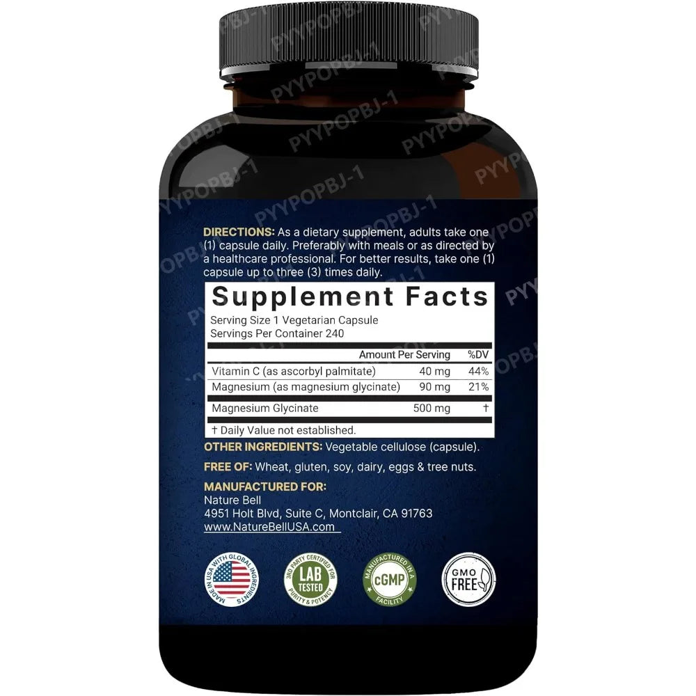 Magnesium Glycinate 500mg 240 Veggie Caps | Chelated Vegan