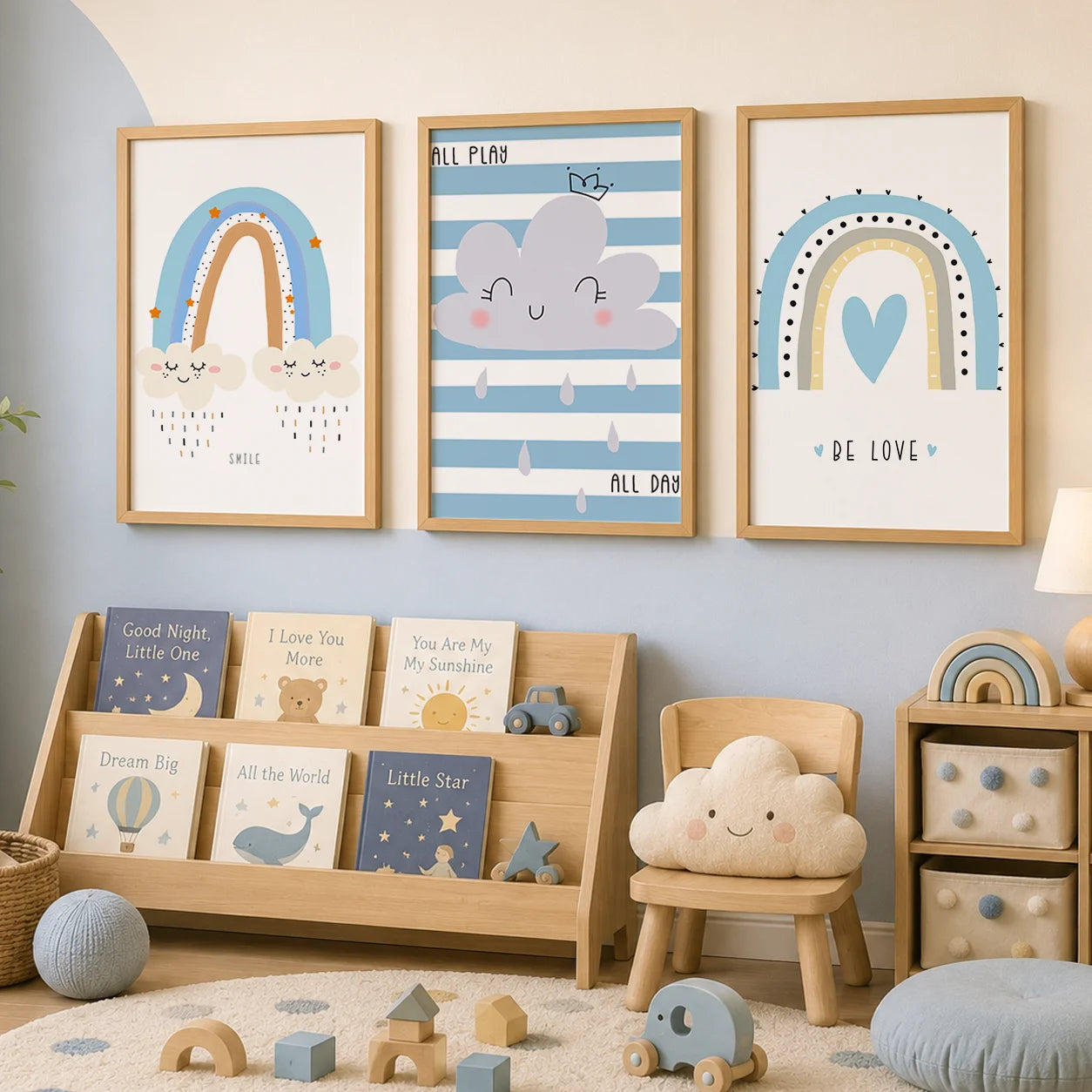 Nursery Quotes Wall Art, Rainbow Moon Cloud Canvas Painting, Nordic Posters Prints for Baby Boy Girl Kids Bedroom Decor Peaceful Pleasures Health and Wellness