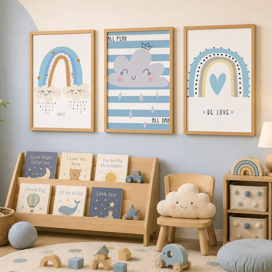 Nursery Quotes Wall Art, Rainbow Moon Cloud Canvas Painting, Nordic Posters Prints for Baby Boy Girl Kids Bedroom Decor Peaceful Pleasures Health and Wellness
