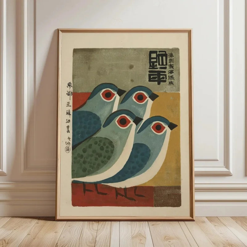 Japanese Retro Blue Bird Canvas Art Print | Minimalist Wall Decor