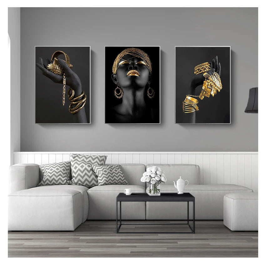African Black Woman Canvas Wall Art | Gold Jewelry Poster Print Canvas Wall Art Peaceful Pleasures Health and Wellness