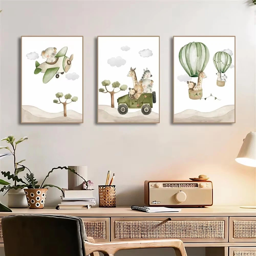 3-Piece Cartoon Animals Hot Air Balloon Canvas Wall Art Set