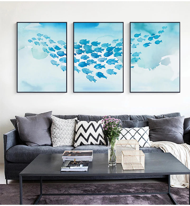 Abstract Poster Cartoon Blue Fish Group Canvas Painting Childlike Wall Art Pictures Print Room Decorative For Nursery Children Peaceful Pleasures Health and Wellness