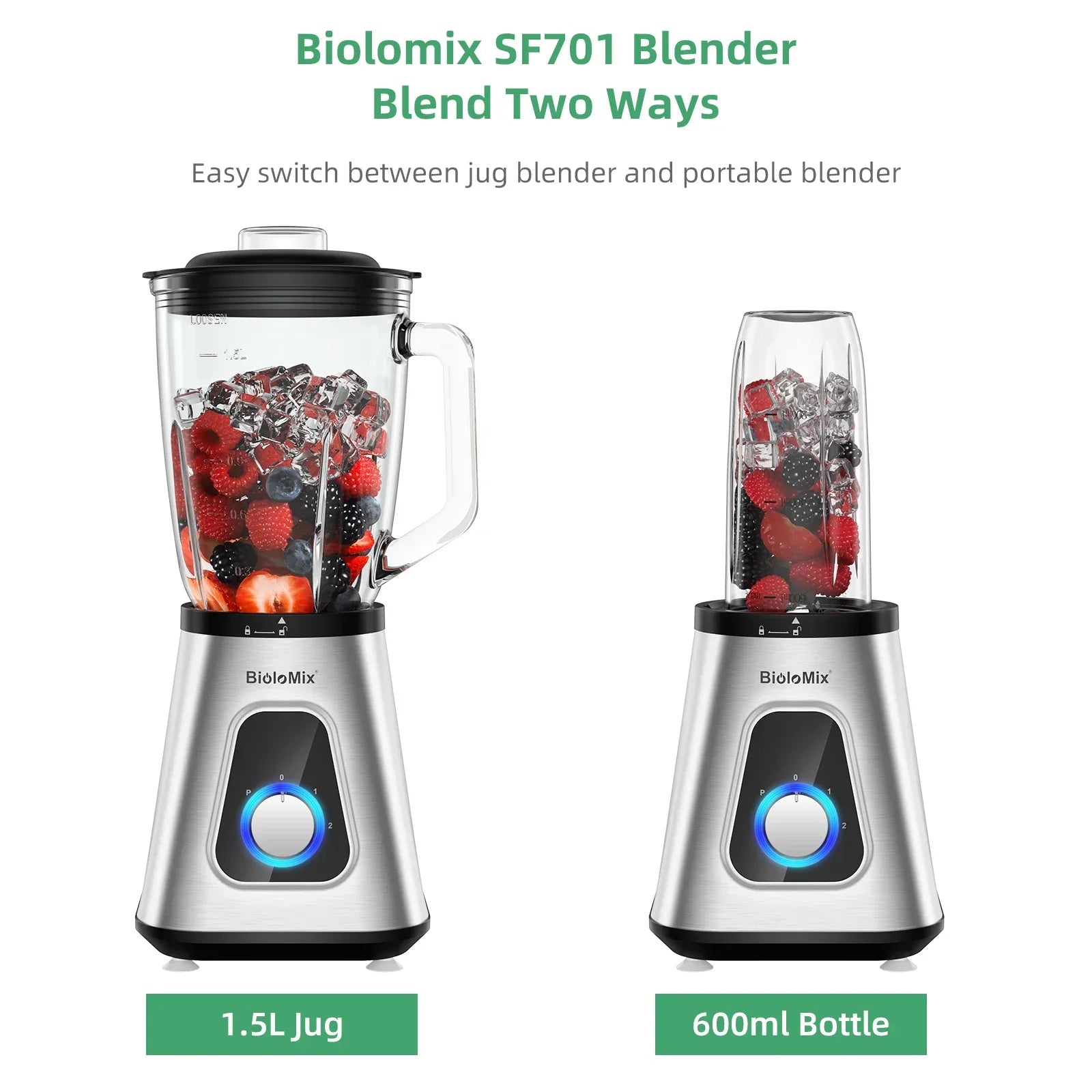 BioloMix 1300W 2-in-1 Blender – 1.5L Glass Jar & Travel Cup Blender BioloMix
