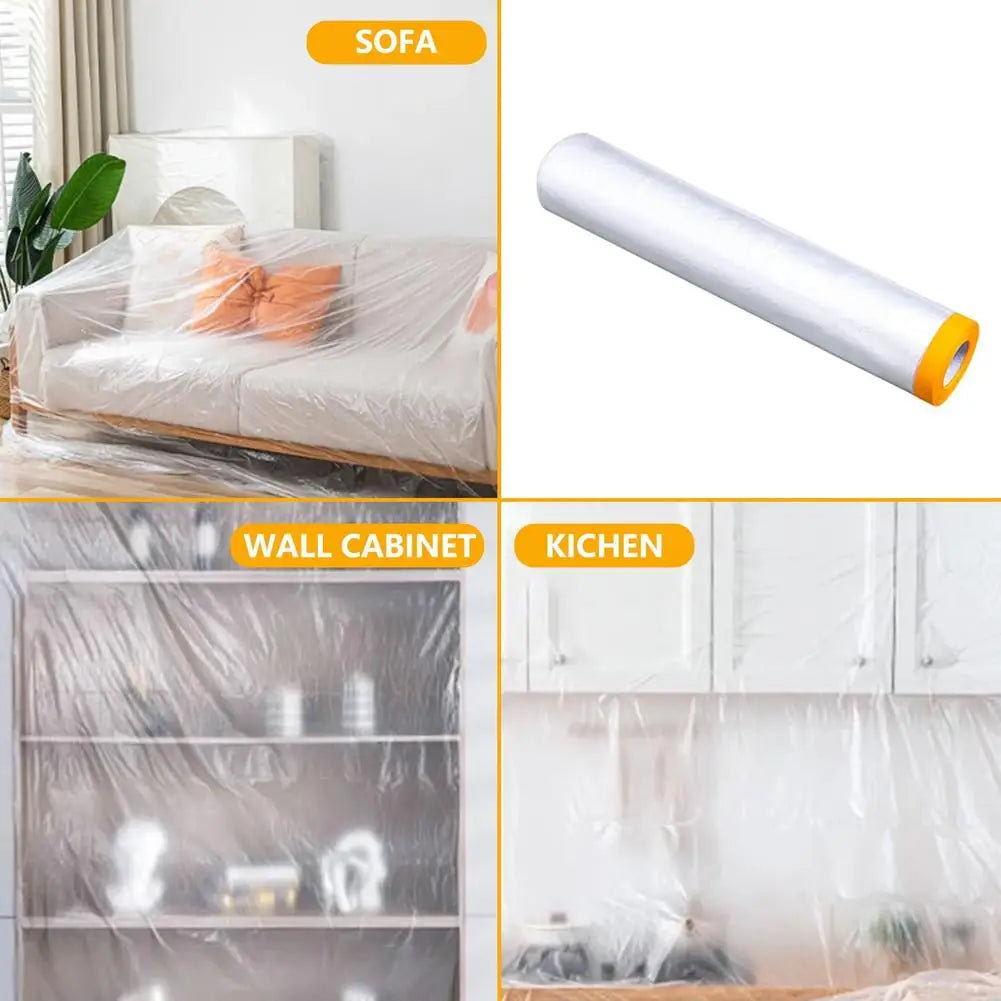 Plastic Cloth Plastic Sheeting with Masking Tape Waterproof Protective Masking Film Prevent Dust Paint for Car Furniture Floor Peaceful Pleasures Health and Wellness