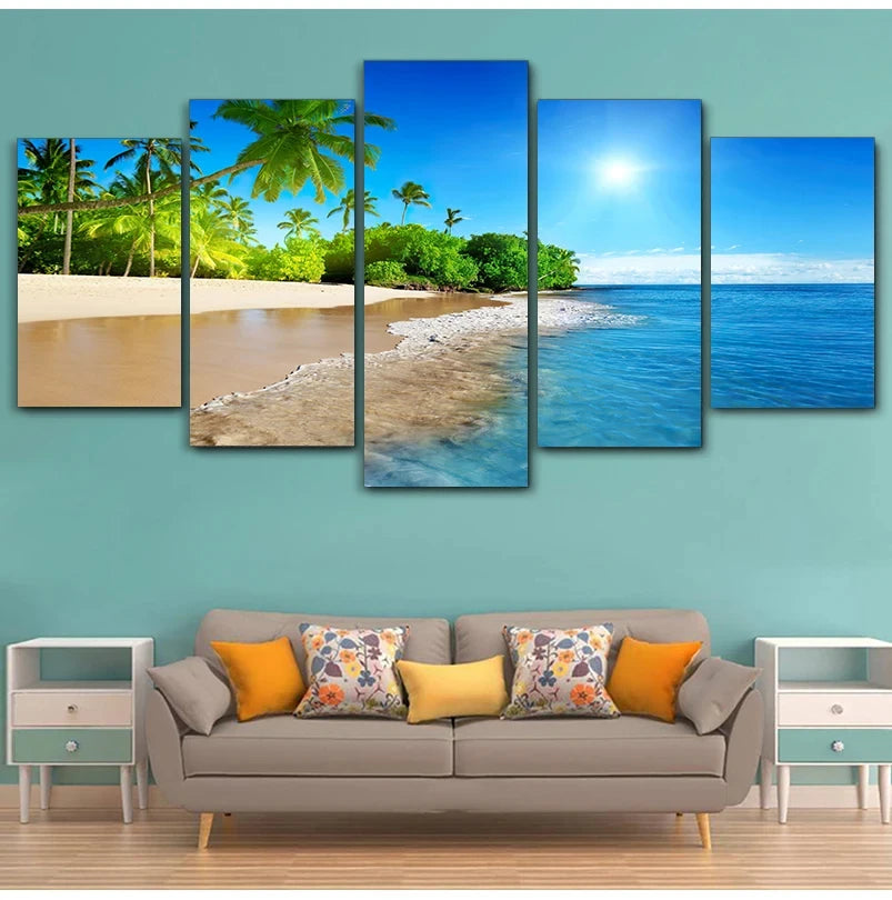 5pcs Cleopatra Ocean Canvas Painting Wall Art Orange Sky Ocean Beach Multi Turkey Sand Beach Sunrise Wall Decor No Frame Peaceful Pleasures Health and Wellness 5pcs 15 20x35-20x45-20x55cm