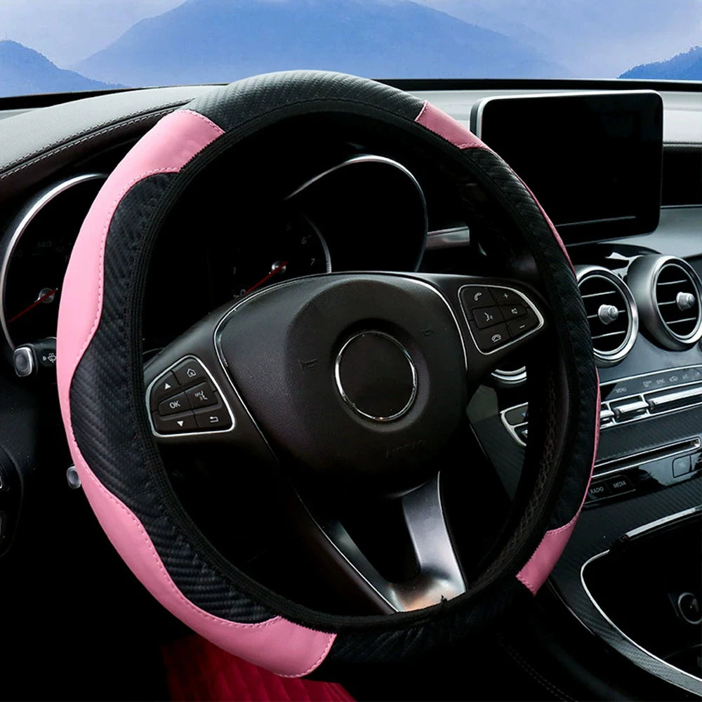 37-38cm Carbon Fiber PU Leather Steering Wheel Cover Anti-Slip