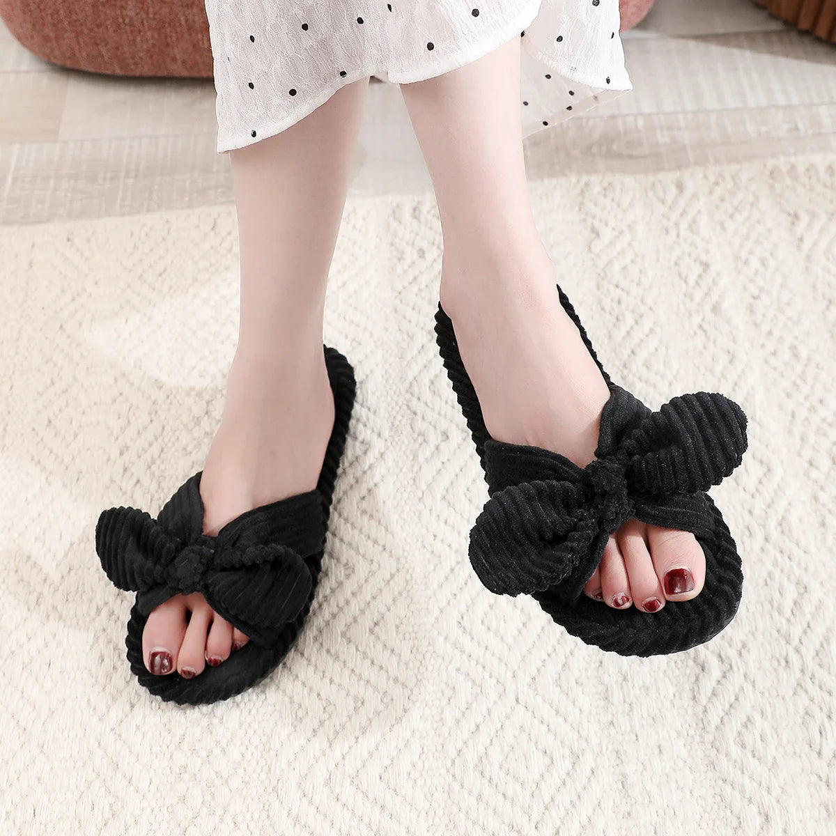 Women's Bow Knot Corduroy Indoor Slippers | Warm EVA Anti-Slip