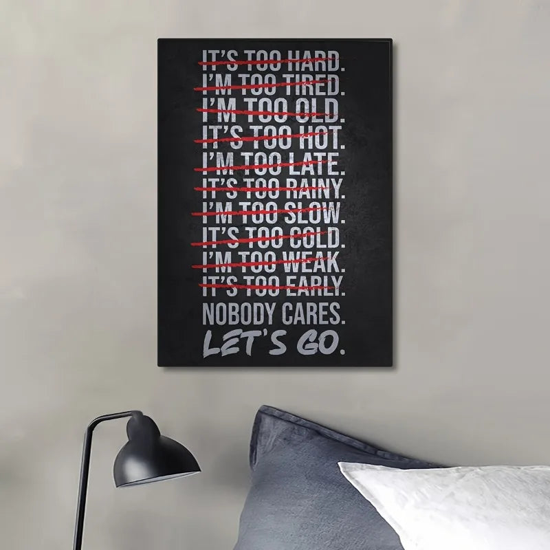 1pc Gym Motivational Poster, Black White Bold Red Text, "IT's TOO HARD NOT To CARE, LET's GO" Quote Frameless Canvas Wall Decor Peaceful Pleasures Health and Wellness