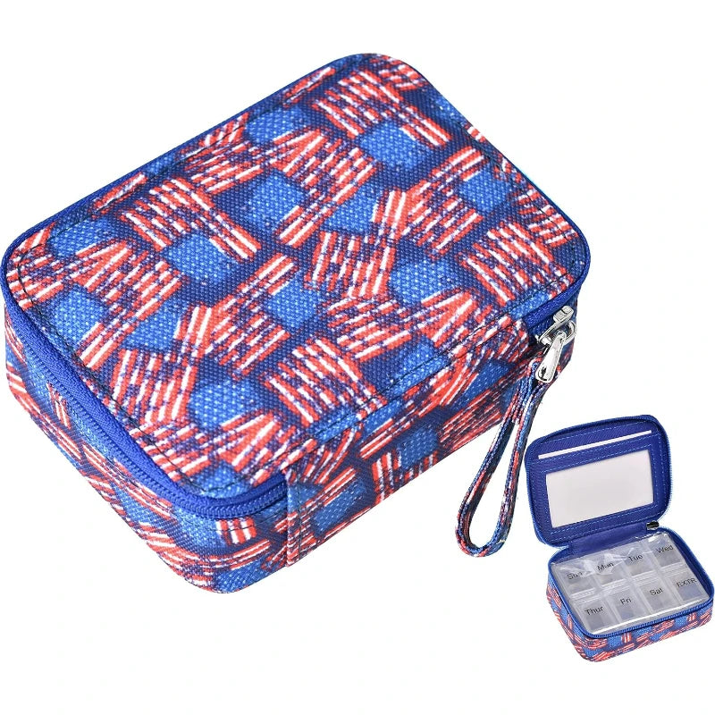 Pill Organizer Case, Weekly Pill Box for Vitamin and Supplement Holder, 7-Day Travel Organizer Medicine Case Peaceful Pleasures Health and Wellness Us Flag