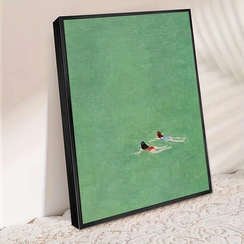 Serene Swimming Figures Green Waters Canvas Wall Art Print