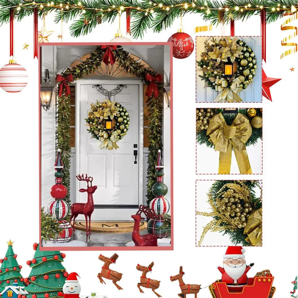 LED Christmas Wreath with Bow & Red Flowers | 40cm Door Decor
