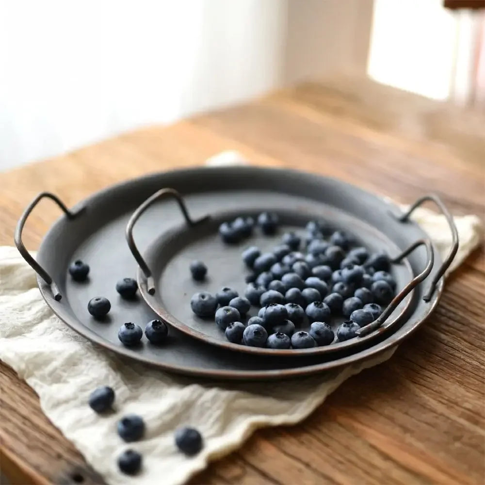 High quality Metal Bread Tray With Handle Old Iron Home Decor Tableware Plate with handle round tray for food & home photo prop Peaceful Pleasures Health and Wellness