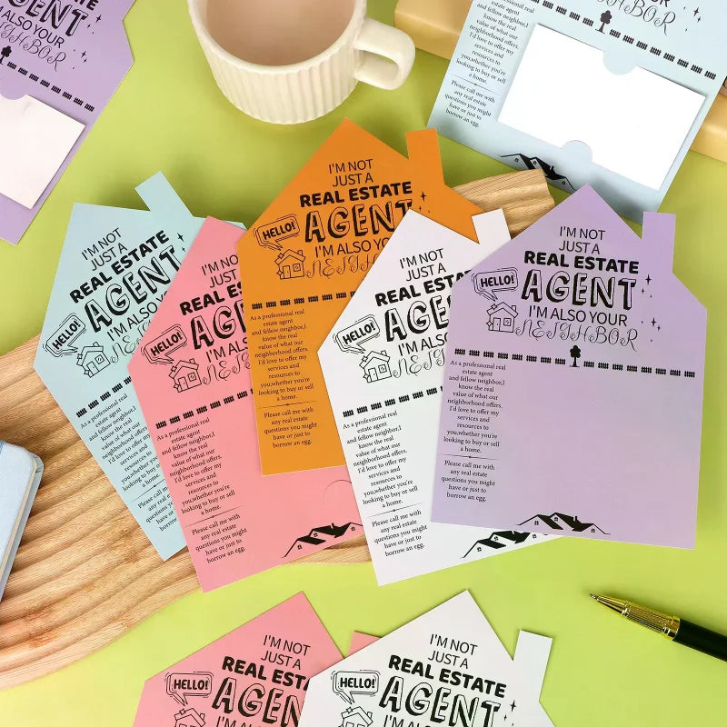50-Pack House-Shaped Realtor Cards 5x7" | 5 Colors & Card Slot