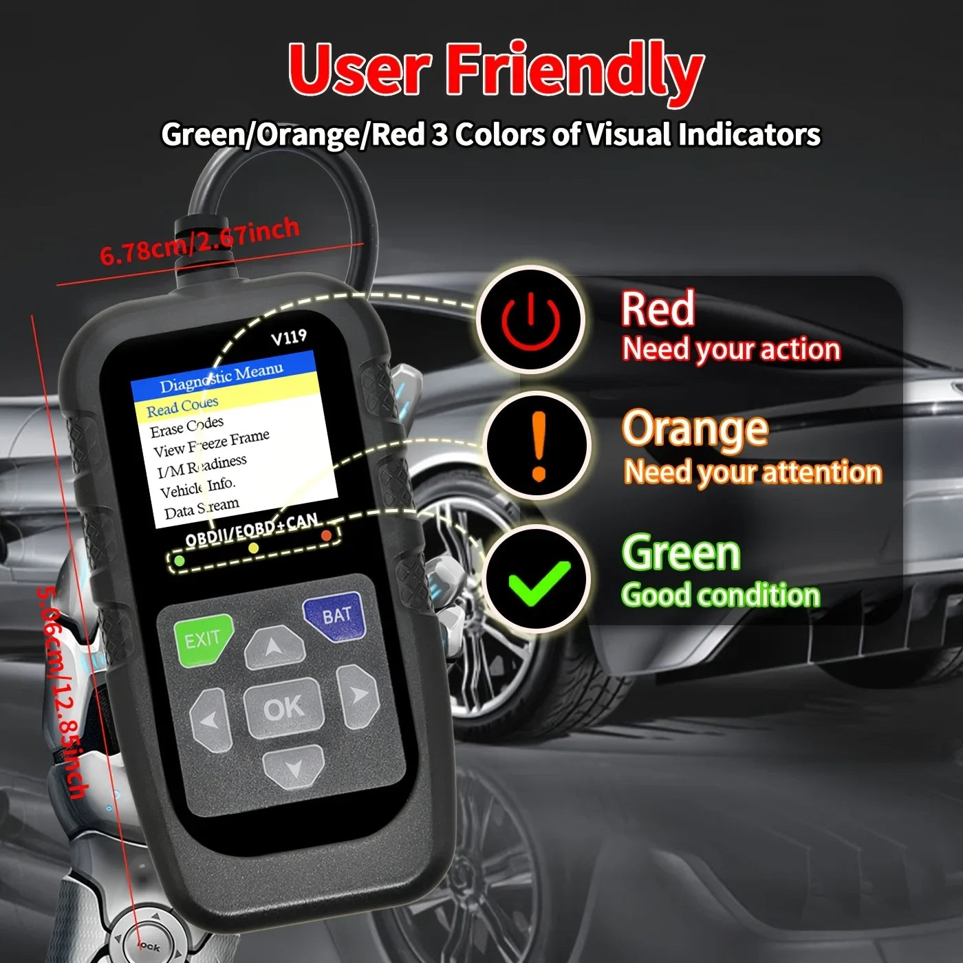 Obd2 Car Diagnostic Tool V119 - Engine Fault Code Reader and Diagnostic Tool, Compatible with All Vehicles since 1996, Supports up to 36V, No Batteries Required Peaceful Pleasures Health and Wellness