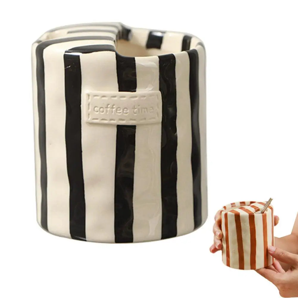 Striped Ceramic Coffee Cup | Modern Design for Home Peaceful Pleasures Health and Wellness 301-400ml Black