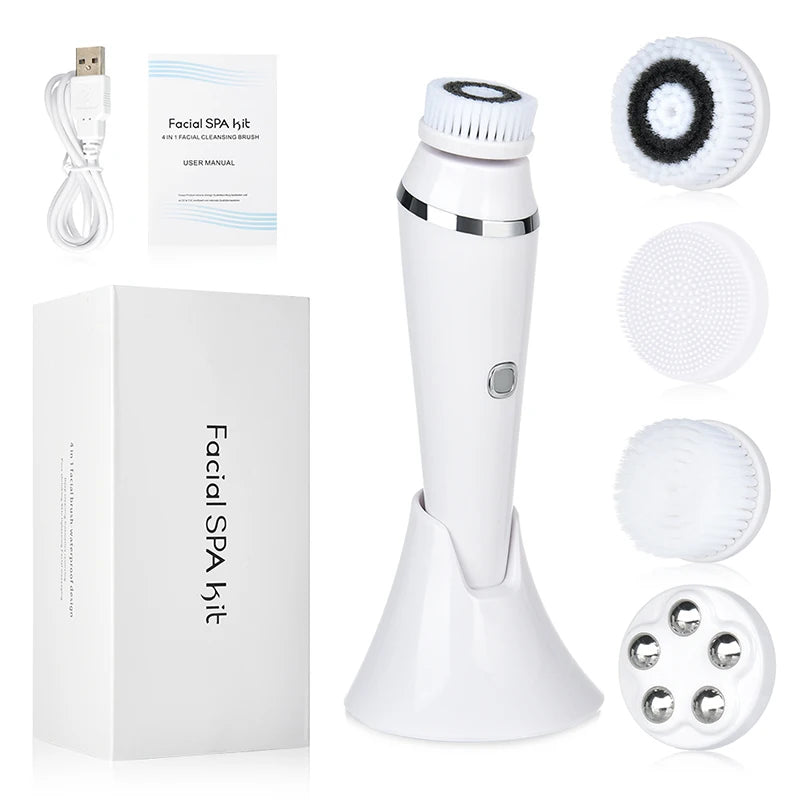 Facial Cleansing Brush 4 in 1 Electric Rechargeable Waterproof Rotating Face Cleaner Deep Pore Cleansing Skin Care Tool Peaceful Pleasures Health and Wellness WHITE