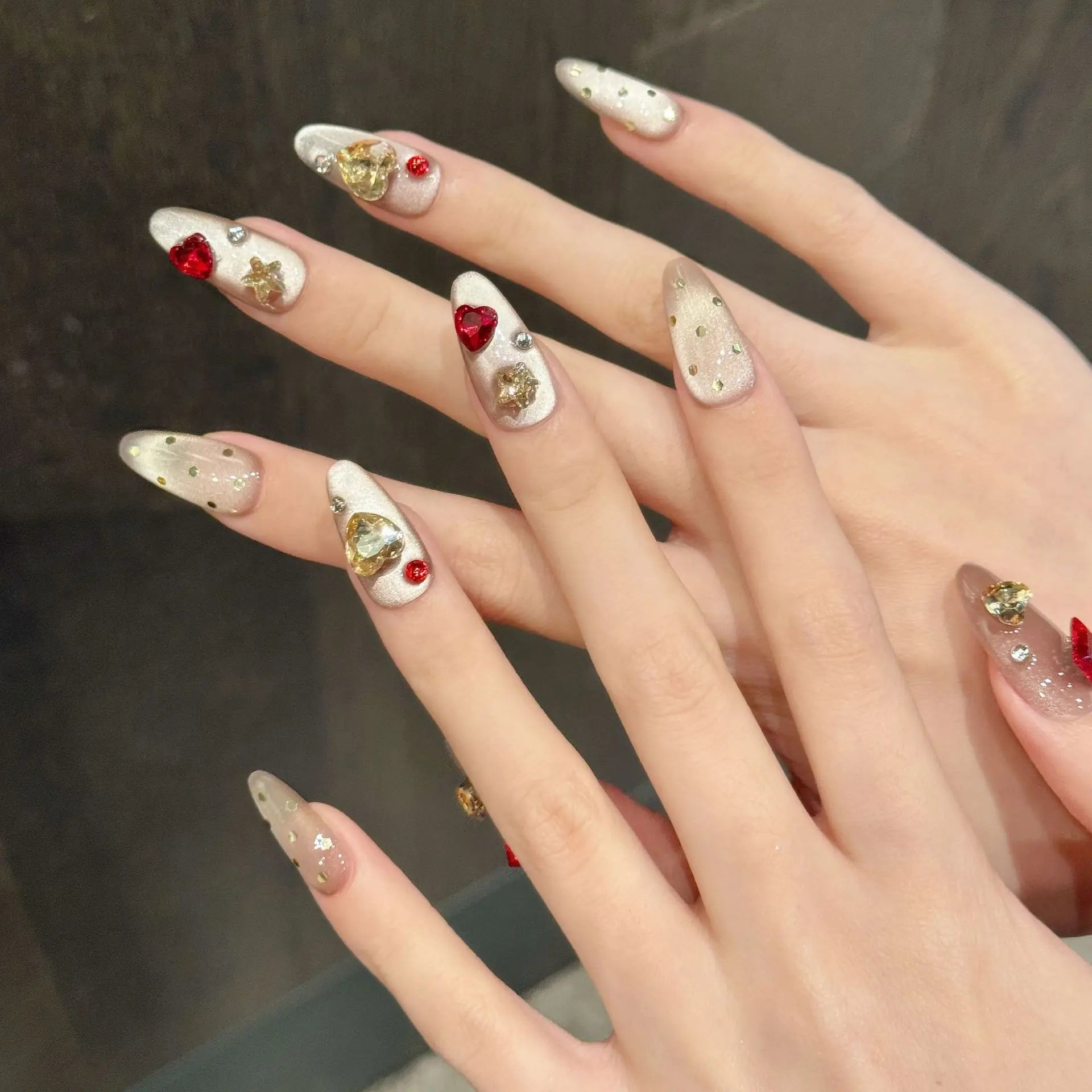 Press On Nails Pink Almond Cat Eye Korean Flower Design – 10pc Press-On Nails Peaceful Pleasures Health and Wellness