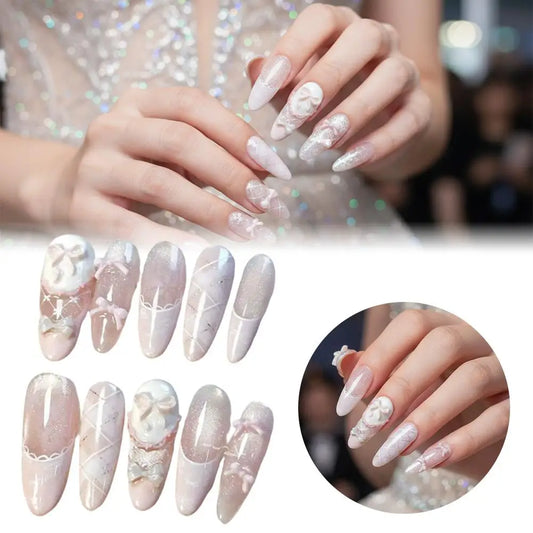 Gentle Sweet Lovely Handmade Long Coffin Ellipse French Full Cover Nail Flower Bowknot Star Cat Eyes Diamond Pearl Press On Nail Peaceful Pleasures Health and Wellness