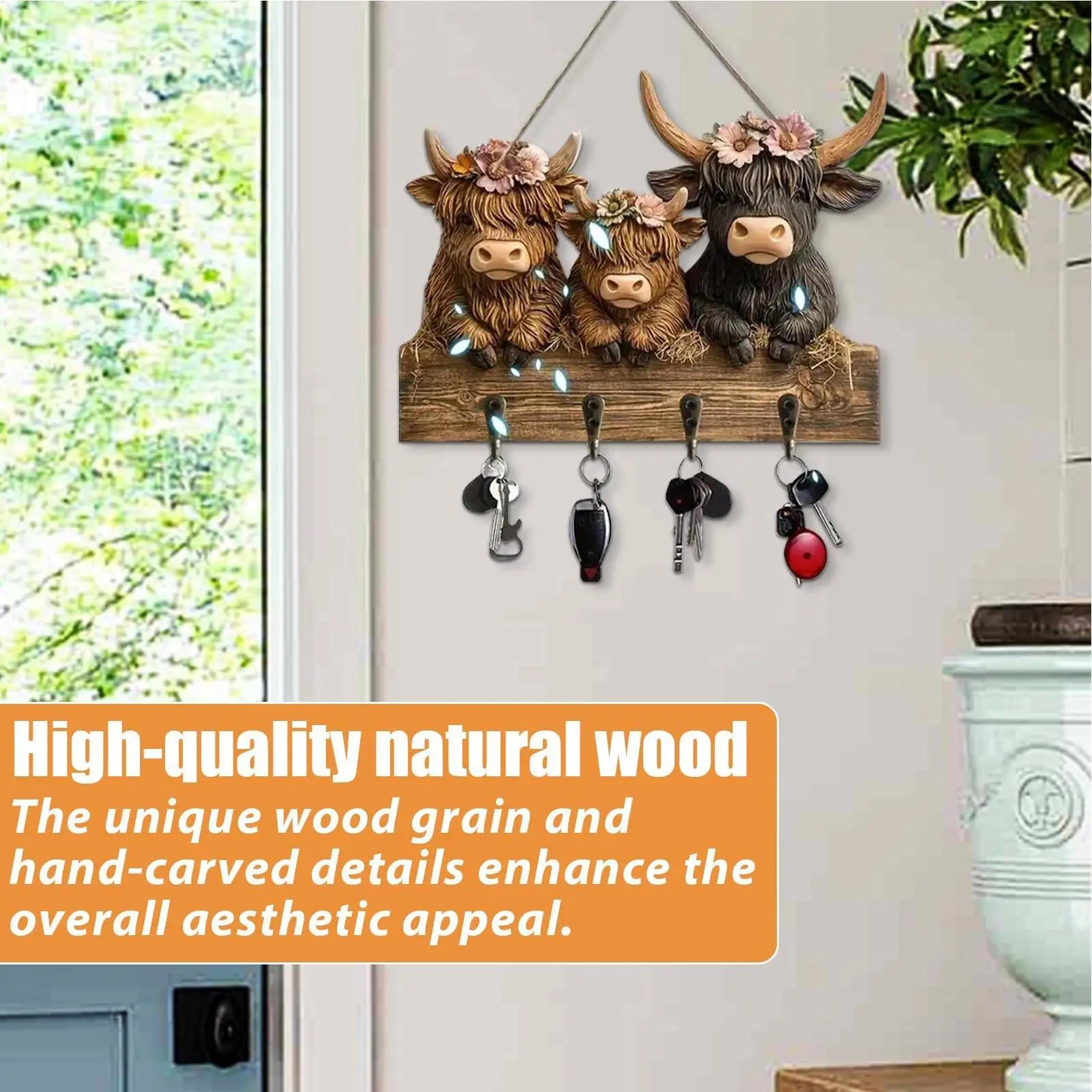 Key Hanger Decorative 4 Hooks Cow Design Hanger Rustic Decorative Key Rack Wall Mount For Hat Coat Bag Backpack Purse Home Peaceful Pleasures Health and Wellness