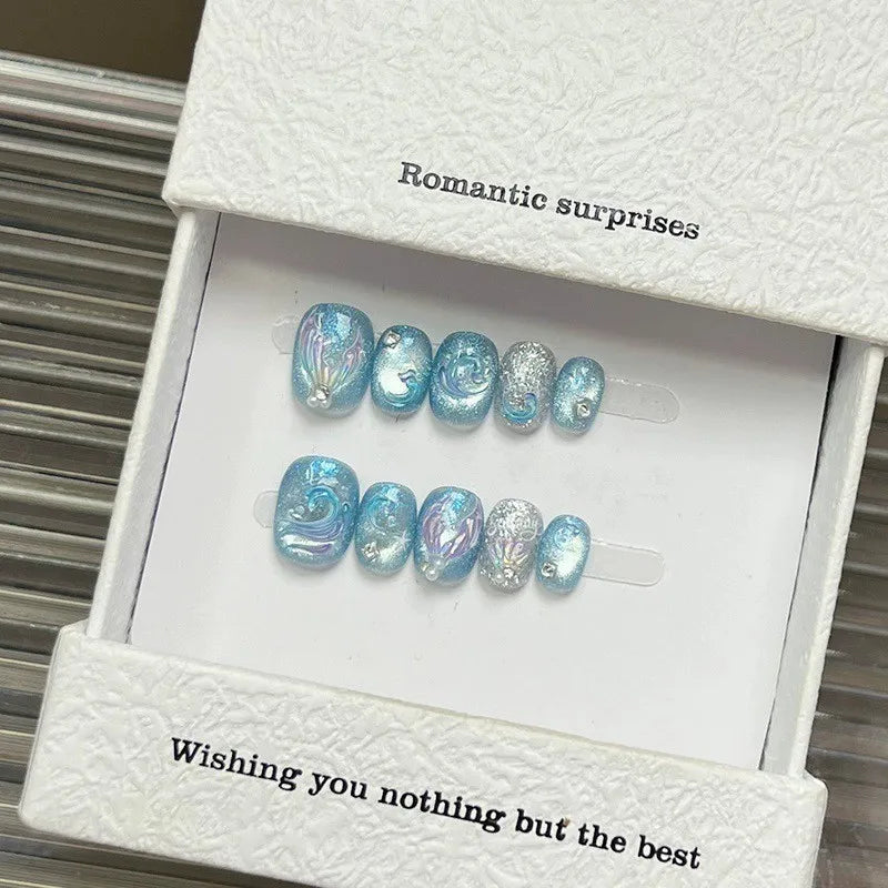 10pcs Handmade Press On Nails Cute Starfish Cat's Eye Aurora Fake Nail Tips Wearable Fantasy Mermaid Short Square False Nails Peaceful Pleasures Health and Wellness